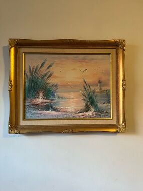 Original Art Oil on Canvas Beach Seagull Lighthouse Coastal Signed Ornate Frame